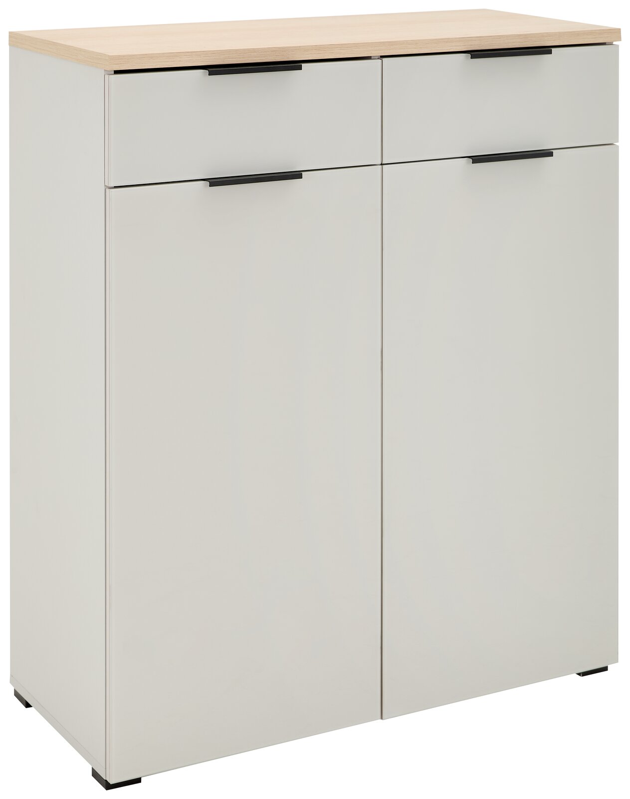 Voleo Schuhschrank NEW YORK Moderner Schuhschrank in Weiß mit zwei Schubladen und zwei Türen, seitliche Perspektive