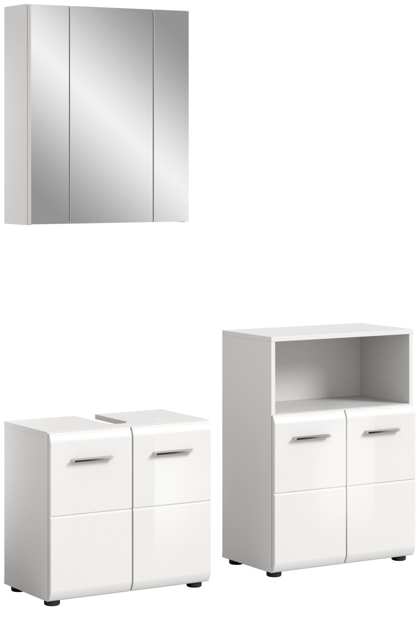 Moderne Badkombination mit Spiegelschrank und zwei weißen Unterschränken, perspektivisch von vorne gezeigt.