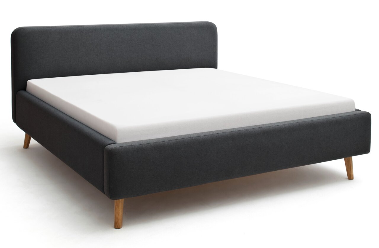 Z2 Polsterbett MATTIS Modernes Polsterbett in Dunkelgrau mit Holzfüßen, seitliche Perspektive