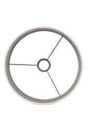 Ansicht von oben auf einen runden, weißen Lampenschirm mit Metallstreben.