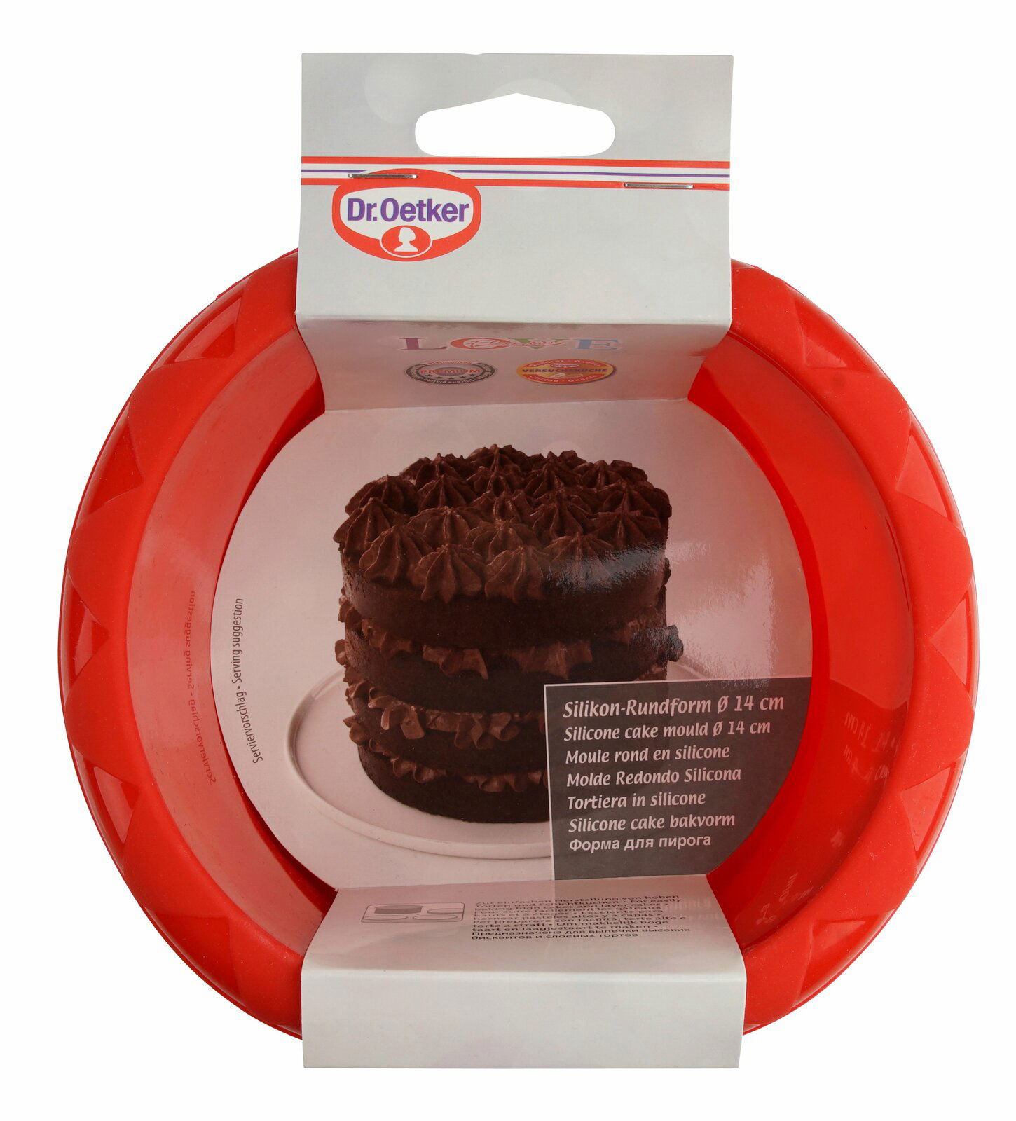 Rote Silikon-Rundform mit einem Durchmesser von 14 cm, abgebildet in einer leicht seitlichen Perspektive, mit einer Verpackung, die ein Bild eines Schokoladenkuchens zeigt.