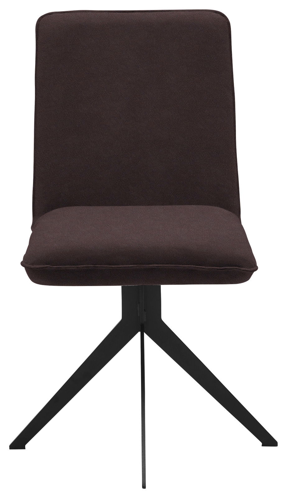 Moderner Stuhl mit schwarzem Metallgestell und dunkelbrauner Polsterung, Frontalansicht
