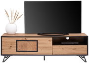 Frontale Ansicht eines TV-Lowboards aus Holz mit schwarzem Rahmen, dekoriert mit einer weißen Vase und einem Fernseher.