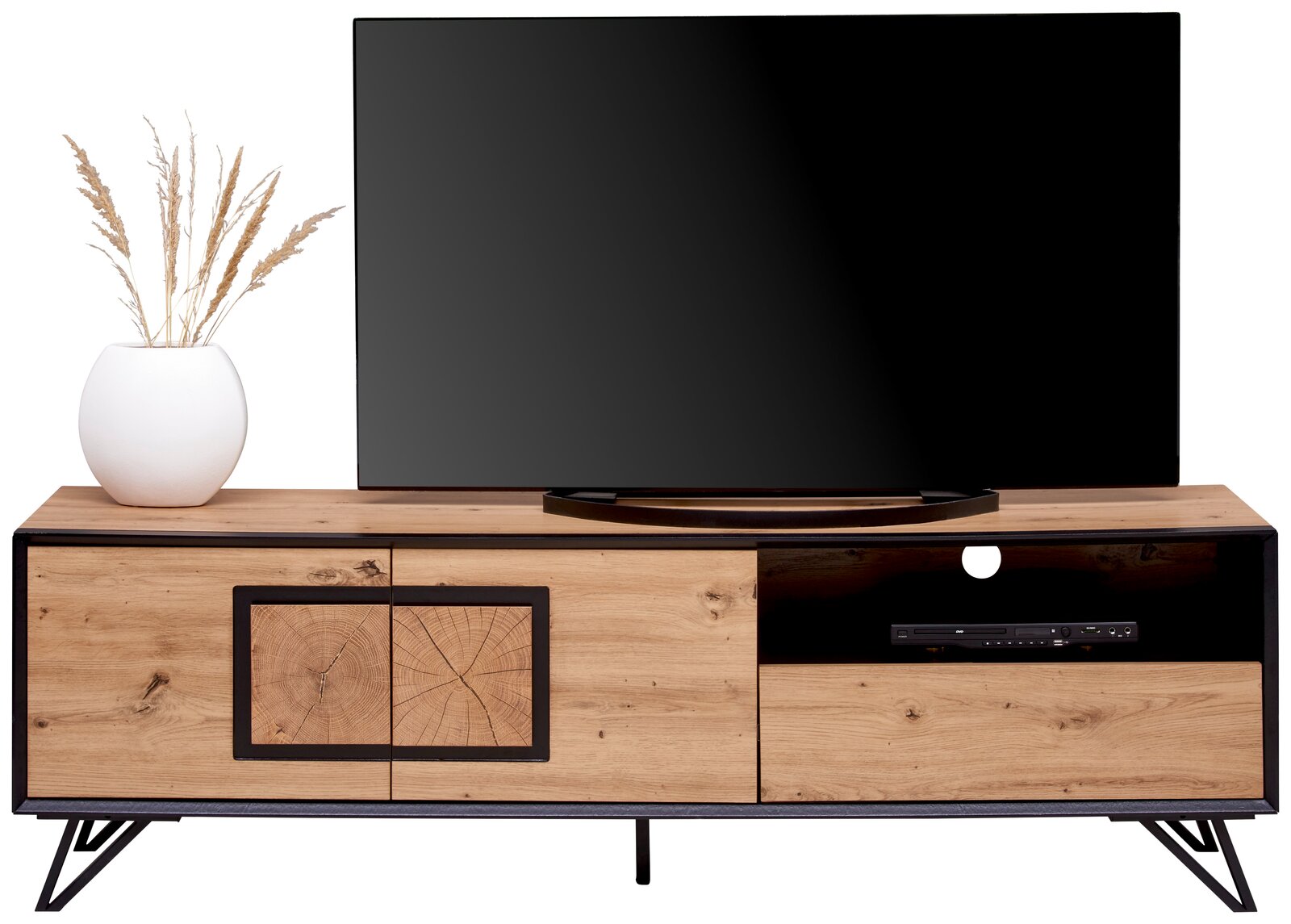 Frontale Ansicht eines TV-Lowboards aus Holz mit schwarzem Rahmen, dekoriert mit einer weißen Vase und einem Fernseher.