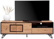Frontale Ansicht eines TV-Lowboards aus Holz mit schwarzem Rahmen, dekoriert mit einer weißen Vase und einem Fernseher.