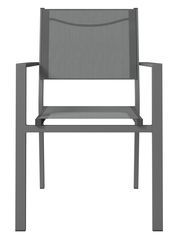 Moderner grauer Stapelsessel aus Metall, frontal betrachtet.