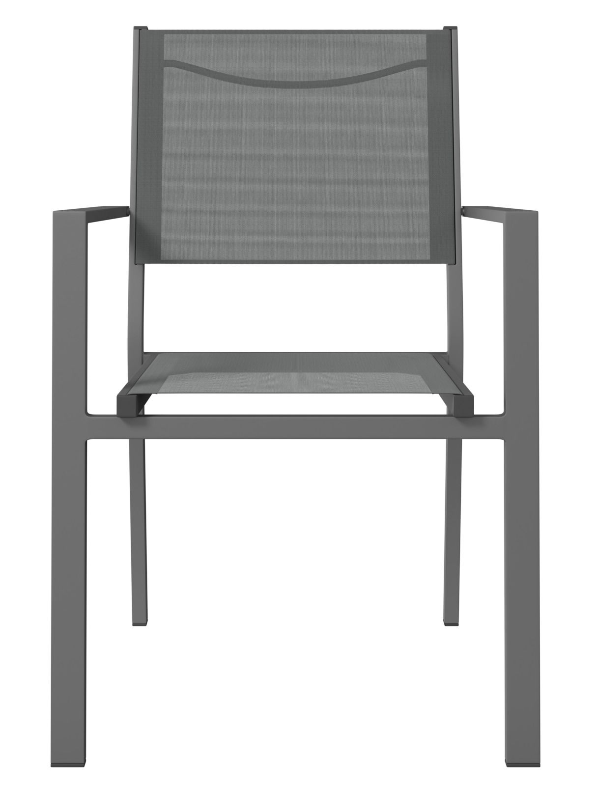 Moderner grauer Stapelsessel aus Metall, frontal betrachtet.