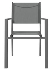 Moderner grauer Stapelsessel aus Metall, frontal betrachtet.