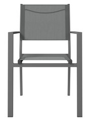 Moderner grauer Stapelsessel aus Metall, frontal betrachtet.