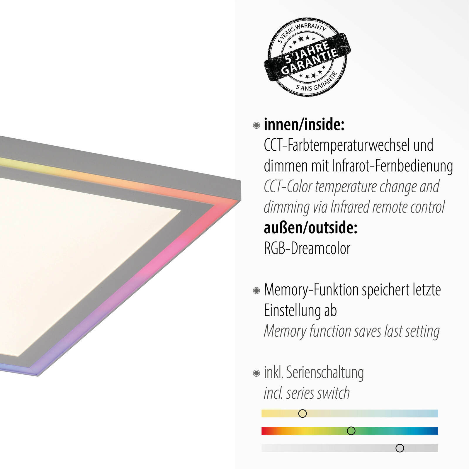 Moderne Deckenleuchte mit CCT-Farbtemperaturwechsel und RGB-Dreamcolor, seitliche Perspektive.