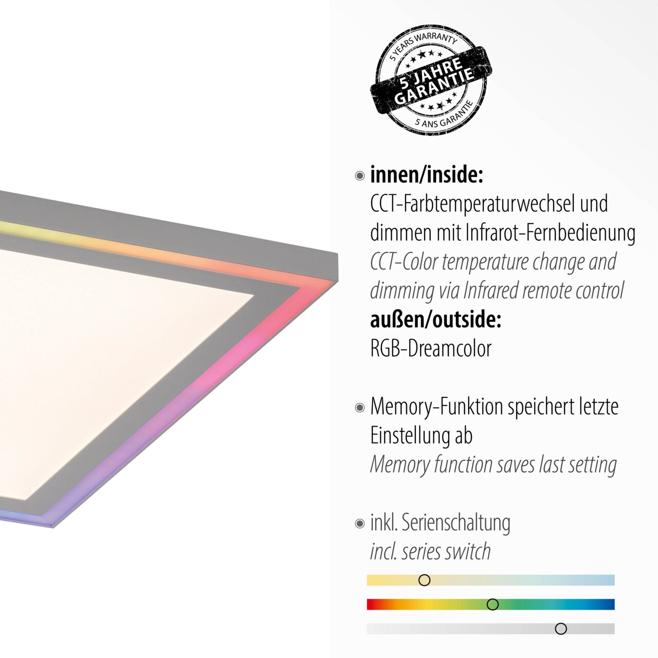Moderne Deckenleuchte mit CCT-Farbtemperaturwechsel und RGB-Dreamcolor, seitliche Perspektive.