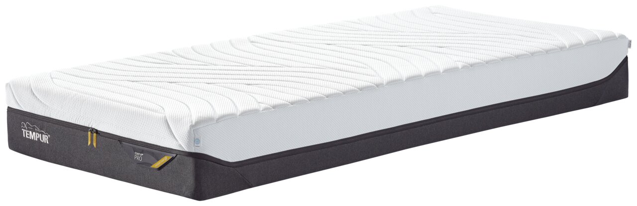 Zijaanzicht van een Viscoma-matras van 80 x 200 cm met een witte hoes en een zwarte rand.