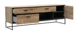 TV-Unterteil aus Holz mit zwei offenen Schubladen und einer geöffneten Tür, seitliche Perspektive