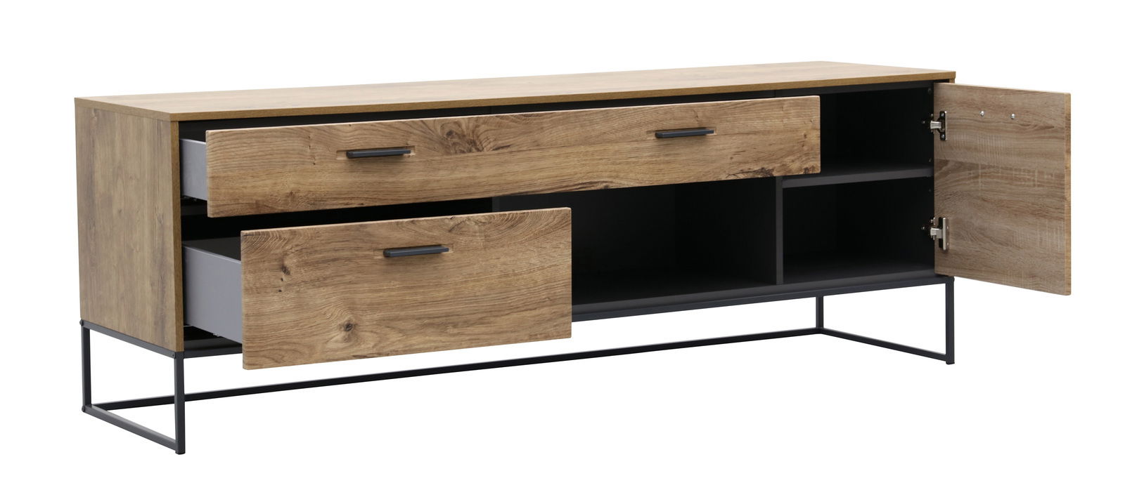 TV-Unterteil aus Holz mit zwei offenen Schubladen und einer geöffneten Tür, seitliche Perspektive