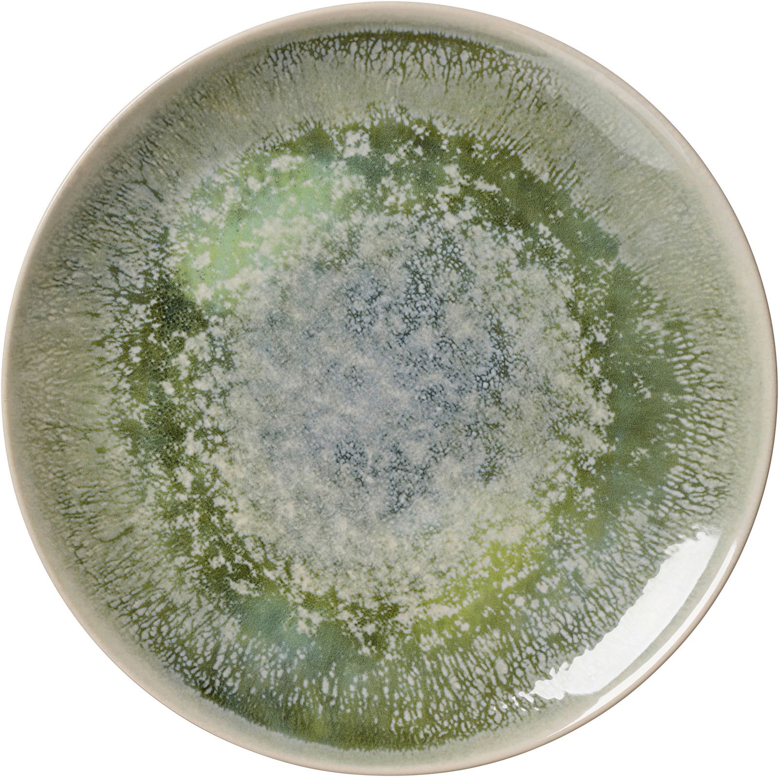 Flacher Teller mit jadegrünem, marmoriertem Muster, Draufsicht