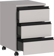 Rollcontainer BEDANO mit drei offenen Schubladen, seitliche Perspektive, auf Rollen.