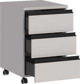 Rollcontainer BEDANO mit drei offenen Schubladen, seitliche Perspektive, auf Rollen.