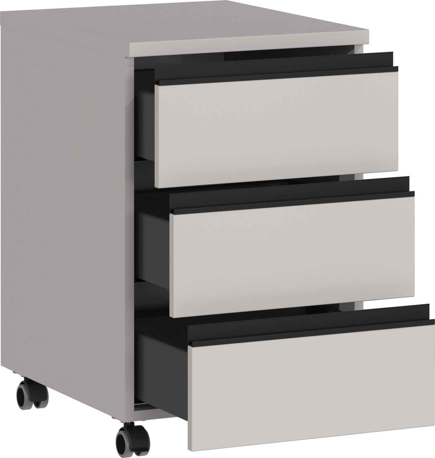 Rollcontainer BEDANO mit drei offenen Schubladen, seitliche Perspektive, auf Rollen.