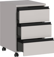 Rollcontainer BEDANO mit drei offenen Schubladen, seitliche Perspektive, auf Rollen.