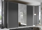 Moderner Schwebetürenschrank in dunklem Grau mit Spiegeltür, seitliche Perspektive