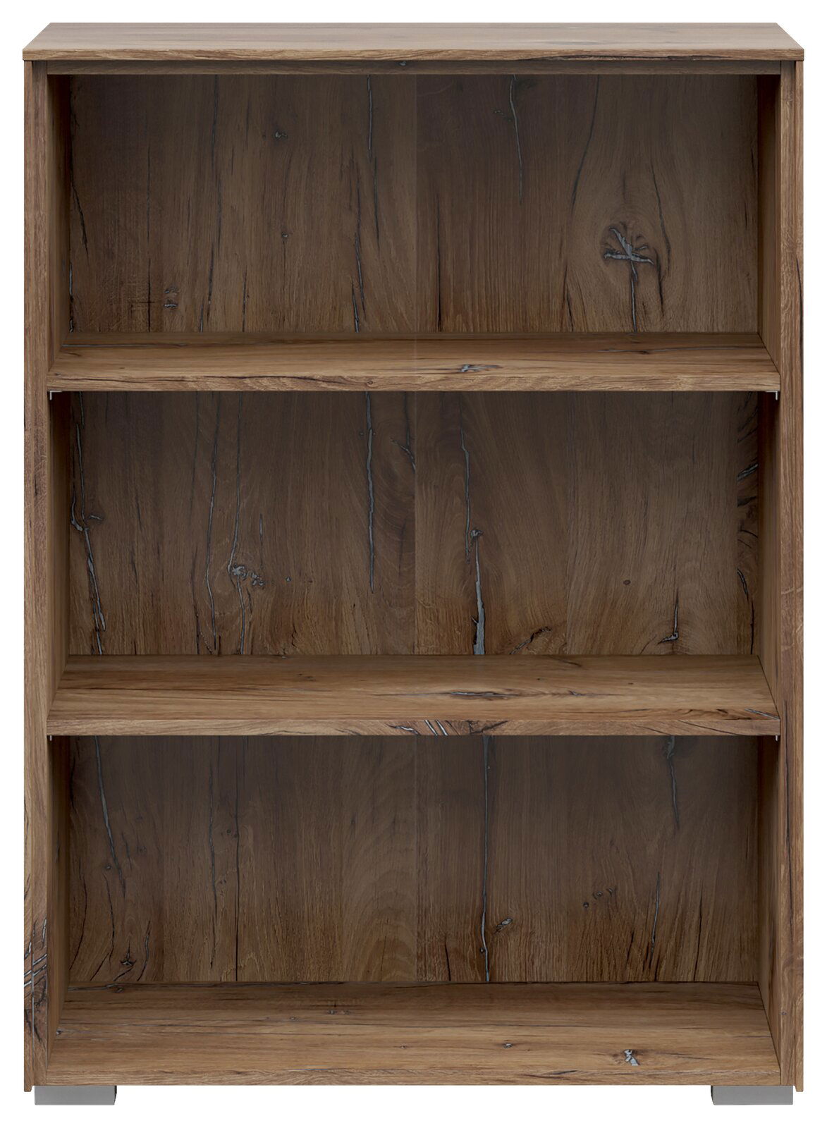 Frontale Ansicht eines dreistöckigen Aktenregals aus Holz mit natürlicher Maserung.