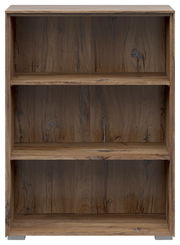 Frontale Ansicht eines dreistöckigen Aktenregals aus Holz mit natürlicher Maserung.