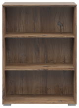 Frontale Ansicht eines dreistöckigen Aktenregals aus Holz mit natürlicher Maserung.