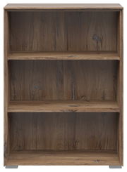 Frontale Ansicht eines dreistöckigen Aktenregals aus Holz mit natürlicher Maserung.