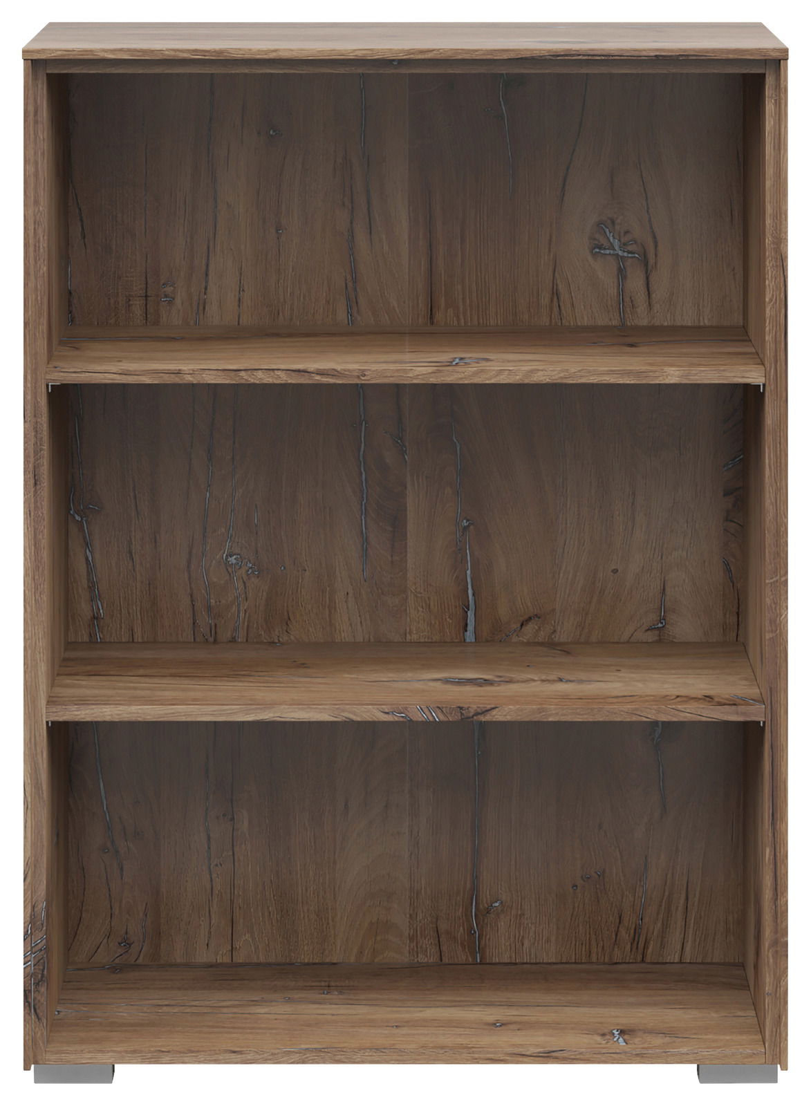 Frontale Ansicht eines dreistöckigen Aktenregals aus Holz mit natürlicher Maserung.