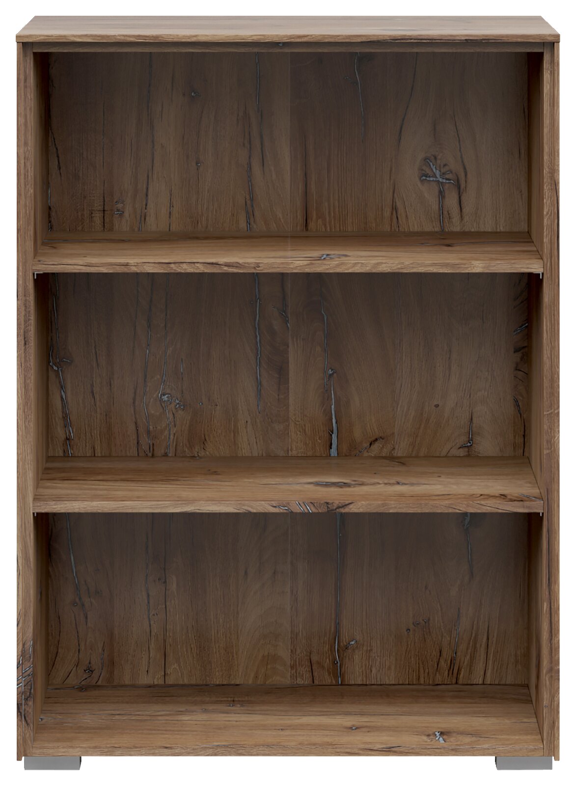 Frontale Ansicht eines dreistöckigen Aktenregals aus Holz mit natürlicher Maserung.