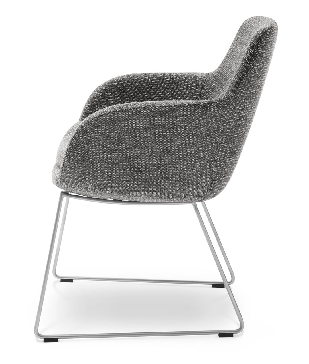 Grauer Armlehnstuhl mit Metallgestell, Seitenansicht