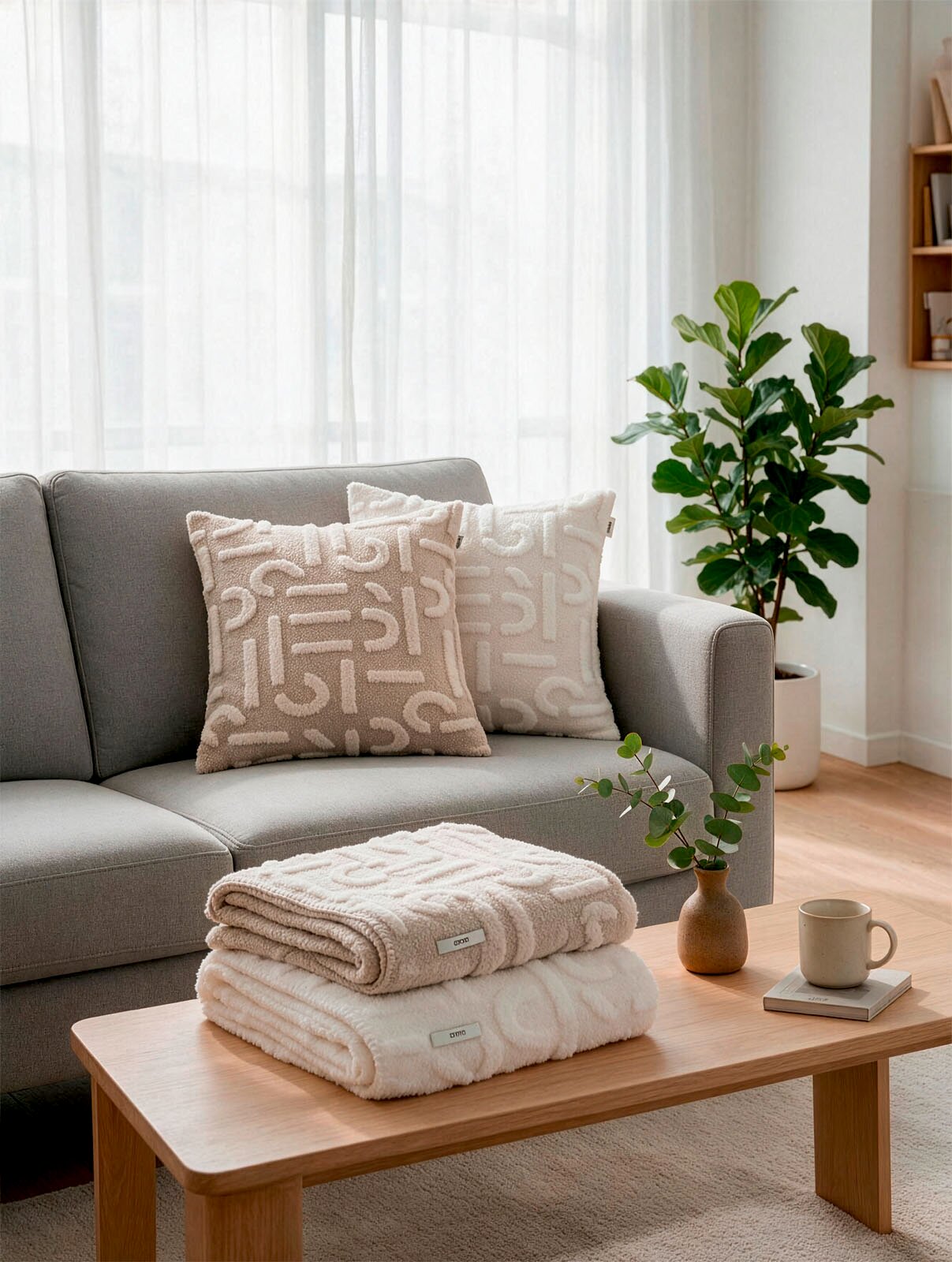 Frontale Wohnraumansicht eines grauen Sofas mit dekorativen Kissen sowie zwei gefalteten, flauschigen Decken in Beige und Creme auf einem Couchtisch.