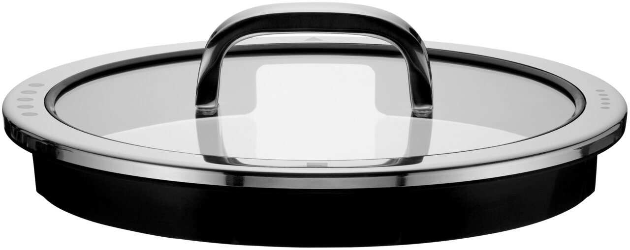 Topfdeckel aus Edelstahl mit Glasfenster und schwarzem Rand, seitliche Perspektive