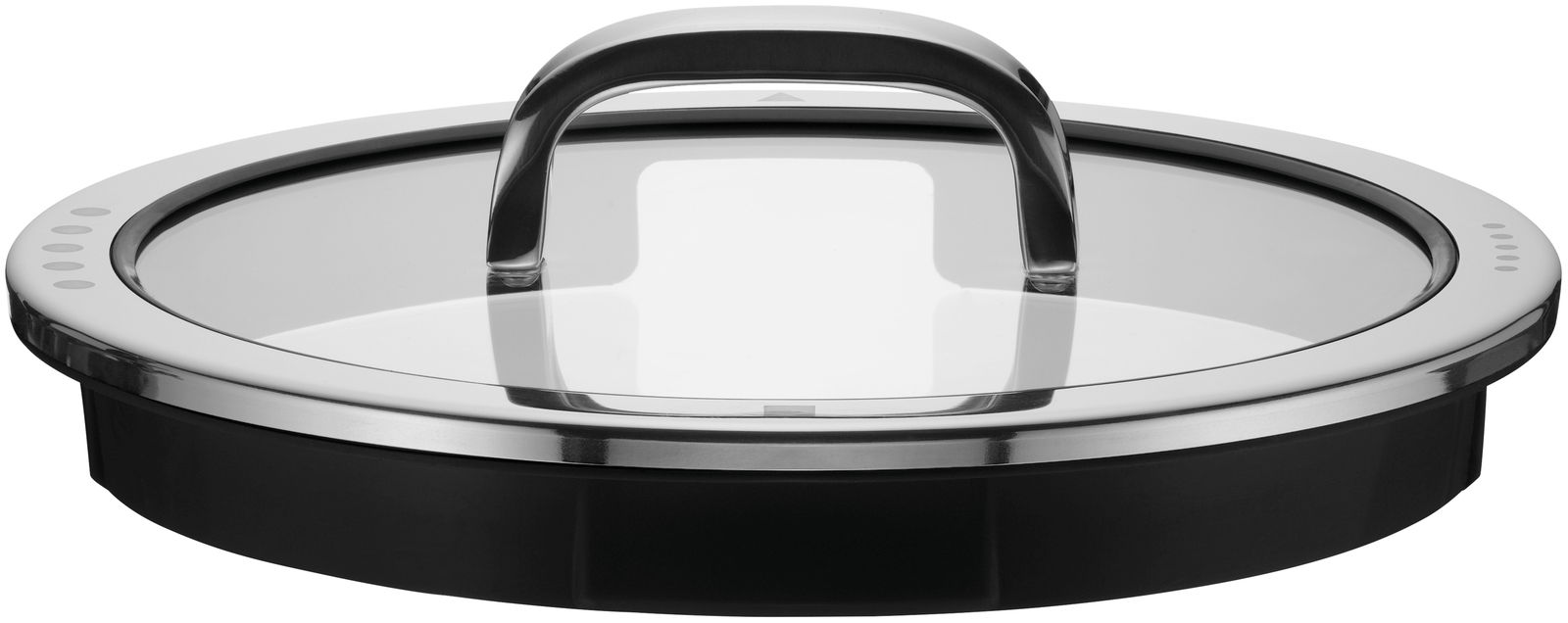 Topfdeckel aus Edelstahl mit Glasfenster und schwarzem Rand, seitliche Perspektive