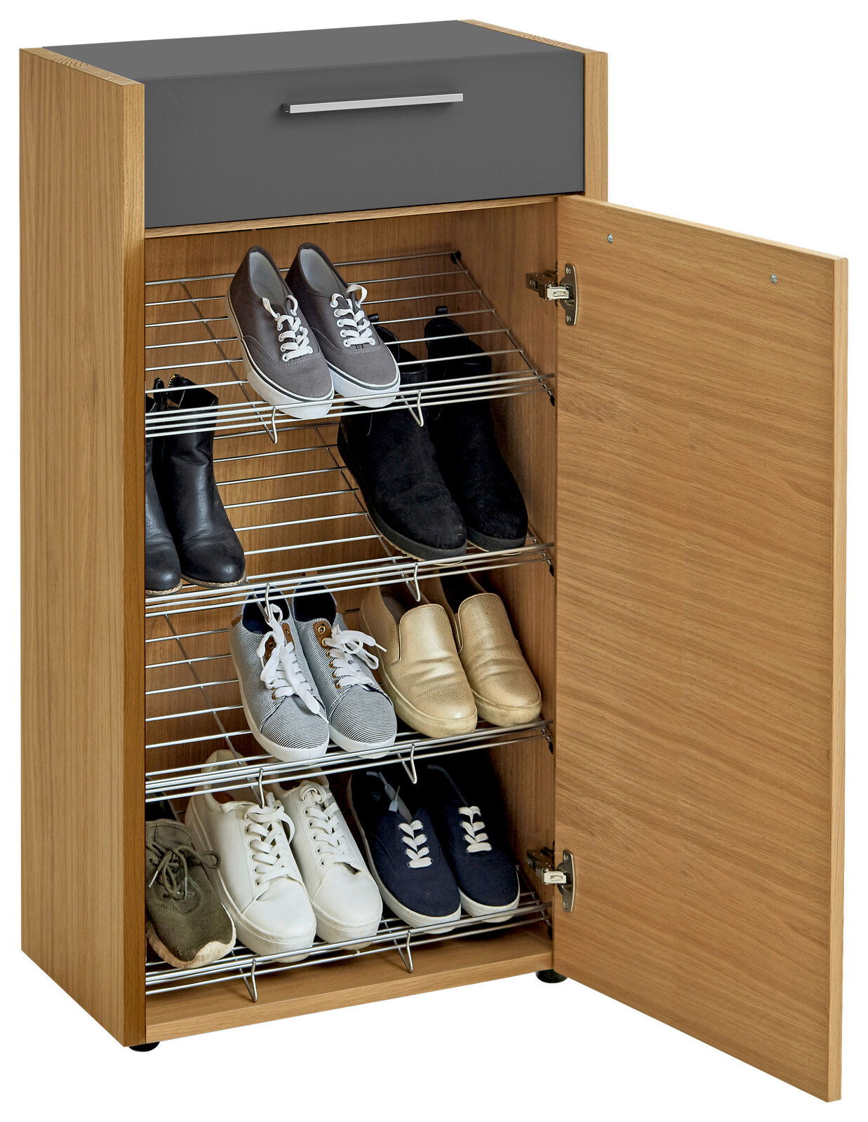 Schuhschrank aus Holz mit grauer Schublade, geöffneter Tür und mehreren Paar Schuhen auf Metallregalen, Perspektive von vorne