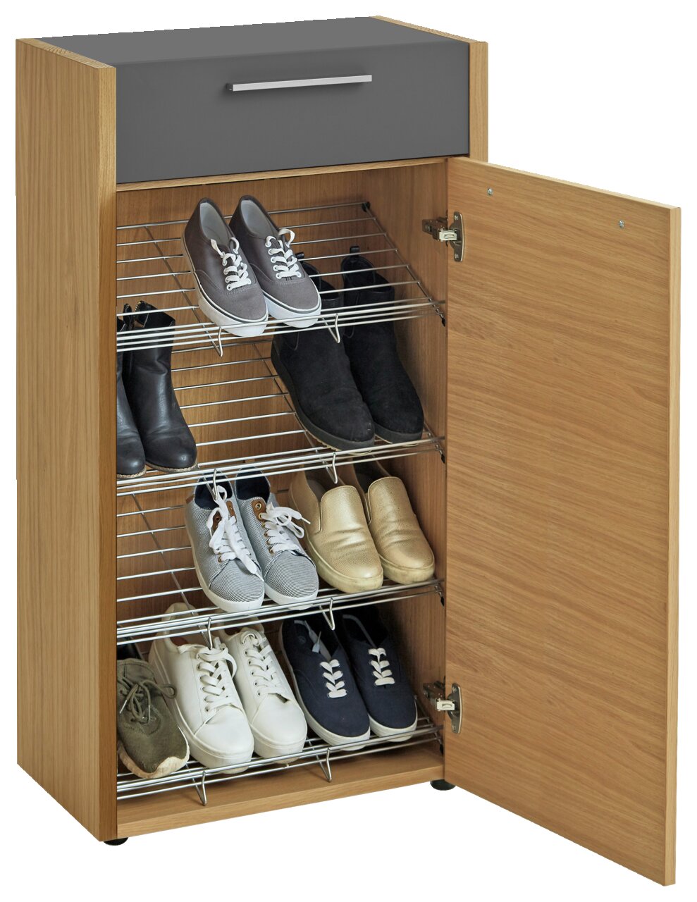 Schuhschrank aus Holz mit grauer Schublade, geöffneter Tür und mehreren Paar Schuhen auf Metallregalen, Perspektive von vorne