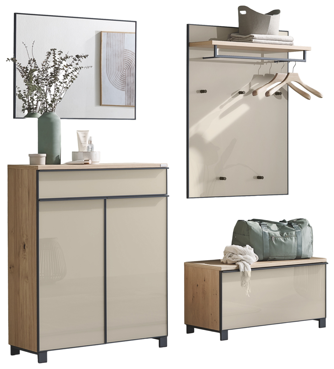 Modernes Garderoben-Set für den Flur mit Schuhschrank, Wandpaneel mit Ablage und Haken sowie Sitzbank in Holzoptik und hellen Fronten, gezeigt in frontaler Perspektive auf weißem Hintergrund.