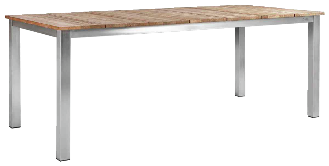 Moderner Gartentisch mit Holzplatte und Metallbeinen, seitliche Perspektive