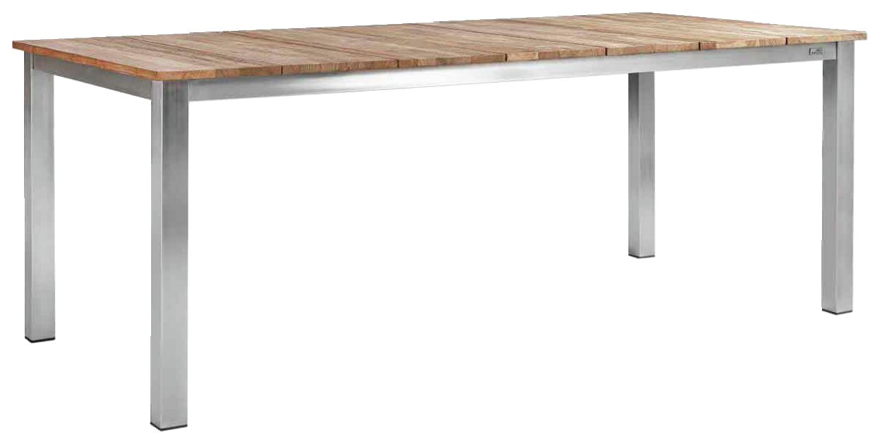 Moderner Gartentisch mit Holzplatte und Metallbeinen, seitliche Perspektive