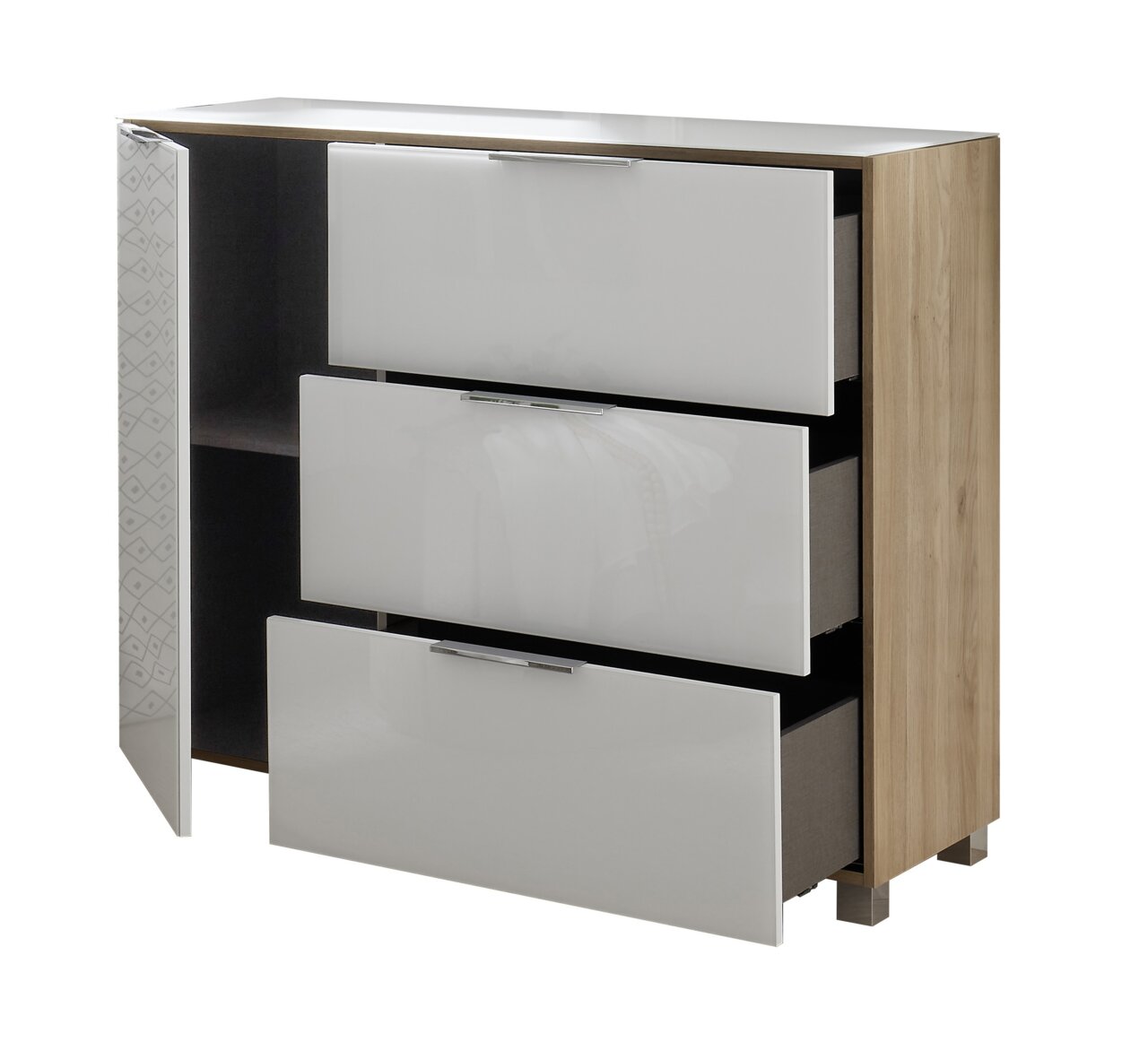 Kommode mit drei offenen Schubladen und einer Tür, Holzoptik an den Seiten, weiße Fronten, seitliche Perspektive