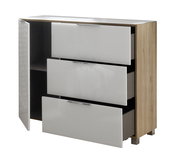 Kommode mit drei offenen Schubladen und einer Tür, Holzoptik an den Seiten, weiße Fronten, seitliche Perspektive
