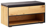 Garderobenbank aus Holz mit schwarzem Polster, seitliche Perspektive