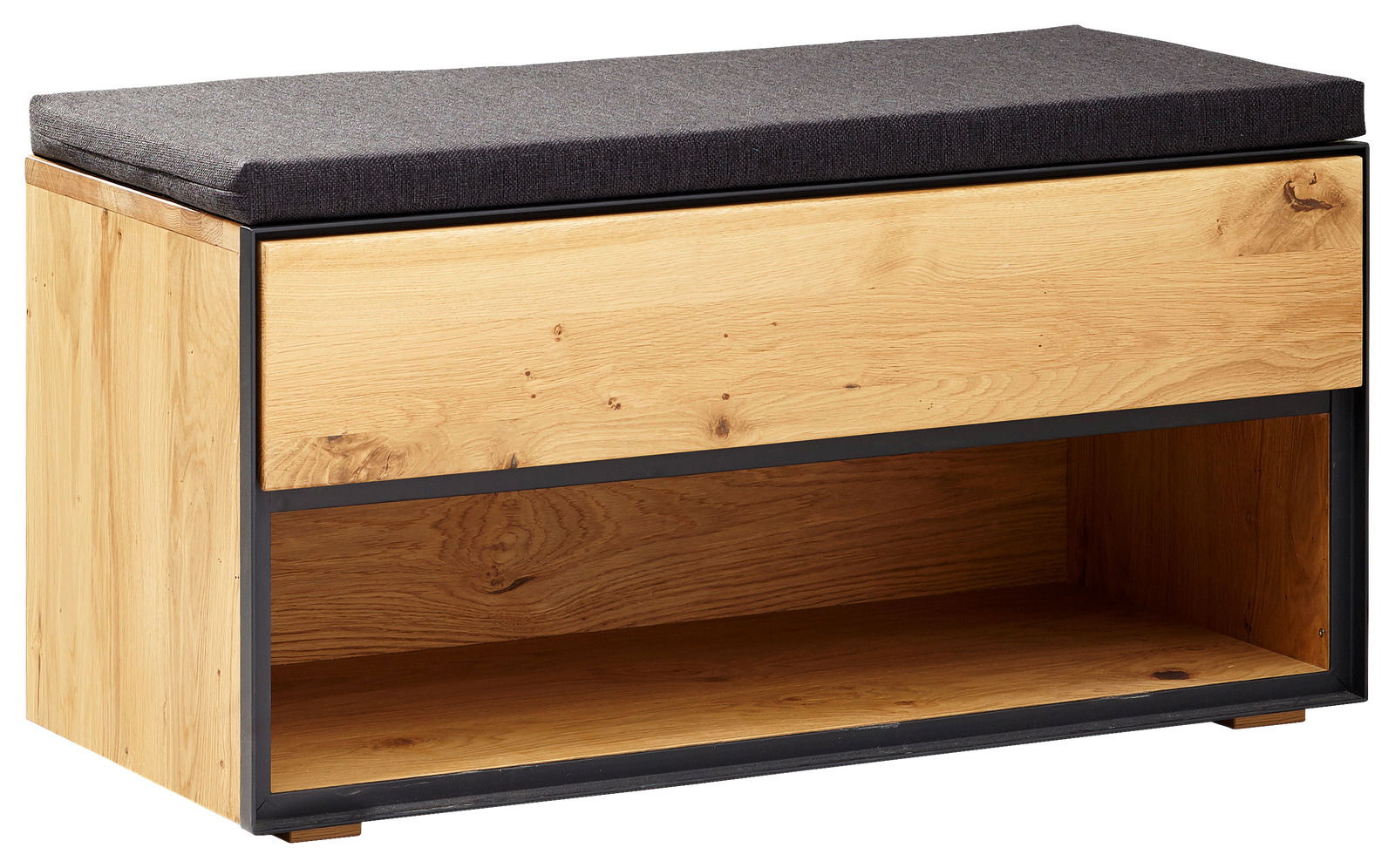 Linea Natura Garderobenbank KELIO MAX Garderobenbank aus Holz mit schwarzem Polster, seitliche Perspektive