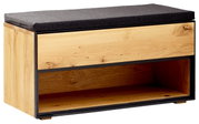 Garderobenbank aus Holz mit schwarzem Polster, seitliche Perspektive