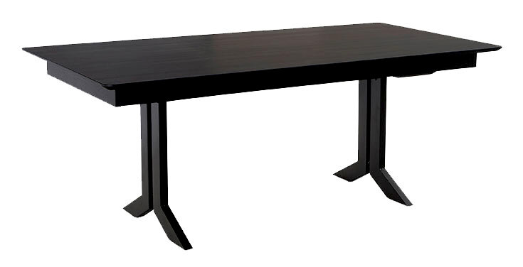 Moderano Esstisch LAURA Moderner schwarzer Esstisch aus Holz mit rechteckiger Tischplatte und stabilen Doppelsäulenbeinen, seitliche Perspektive.