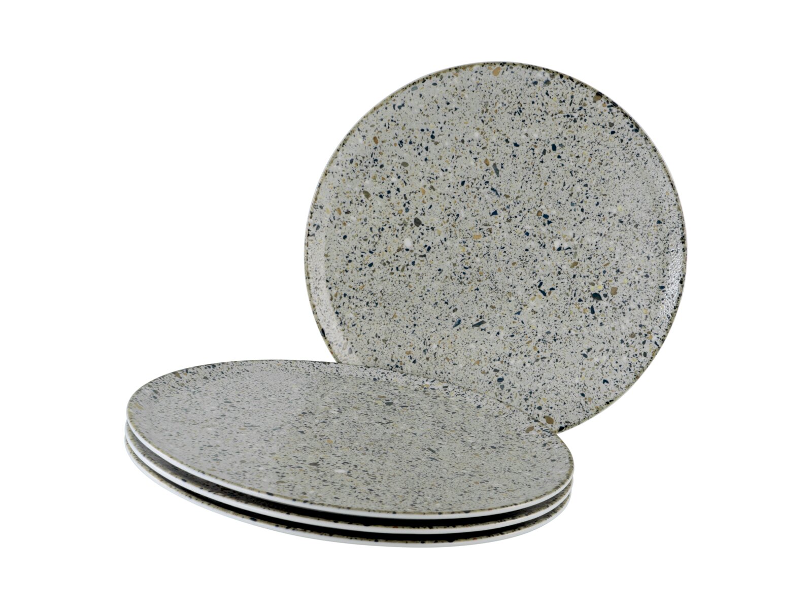 Creatable Pizzateller 4-tlg STONE COLLECTIONF Graue, gesprenkelte runde Teller im Set, ein Teller stehend und drei Teller gestapelt, Ansicht leicht schräg von vorne auf weißem Hintergrund.