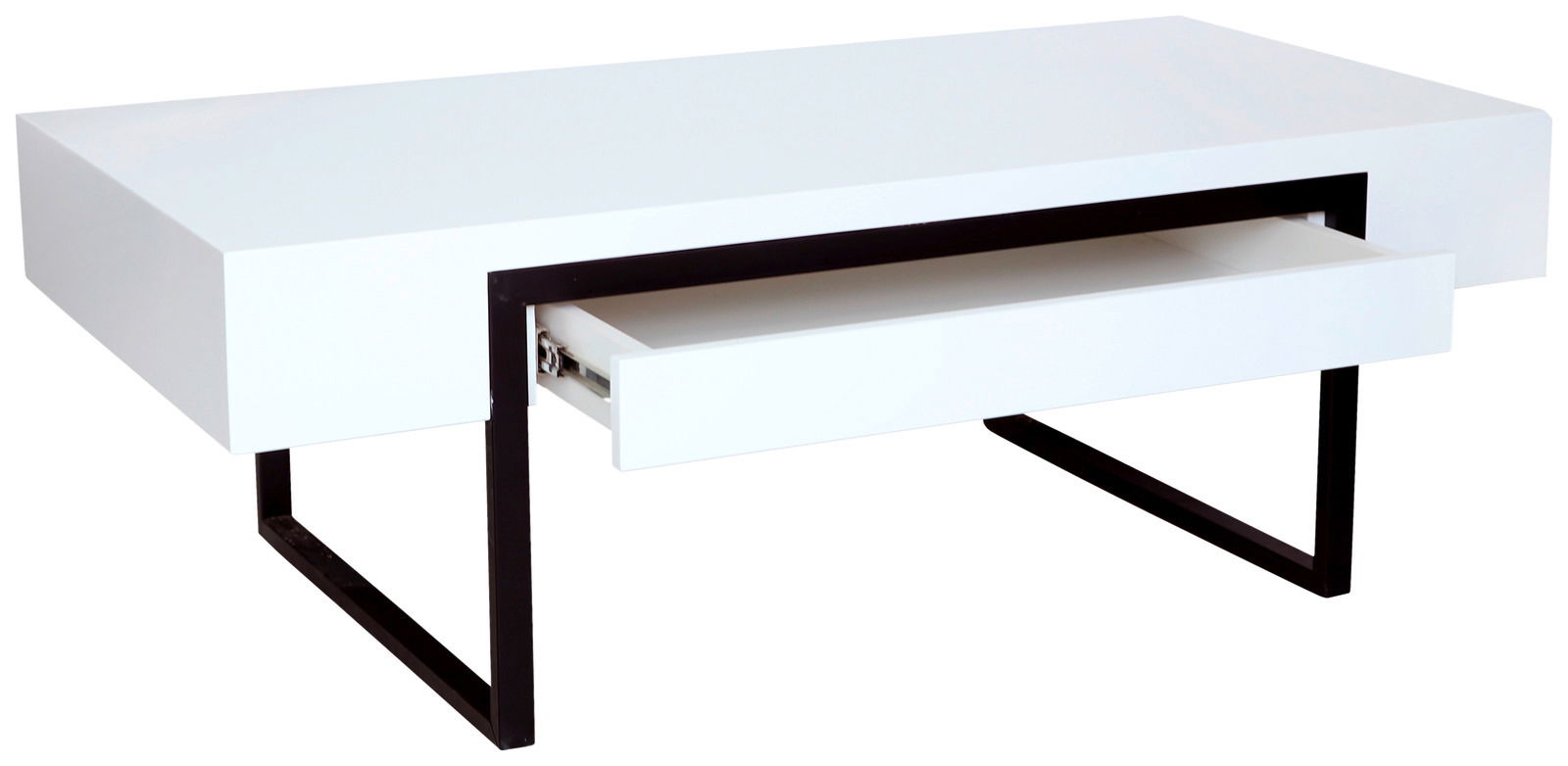 Moderner weißer Couchtisch mit schwarzem Metallgestell und offener Schublade, seitliche Perspektive