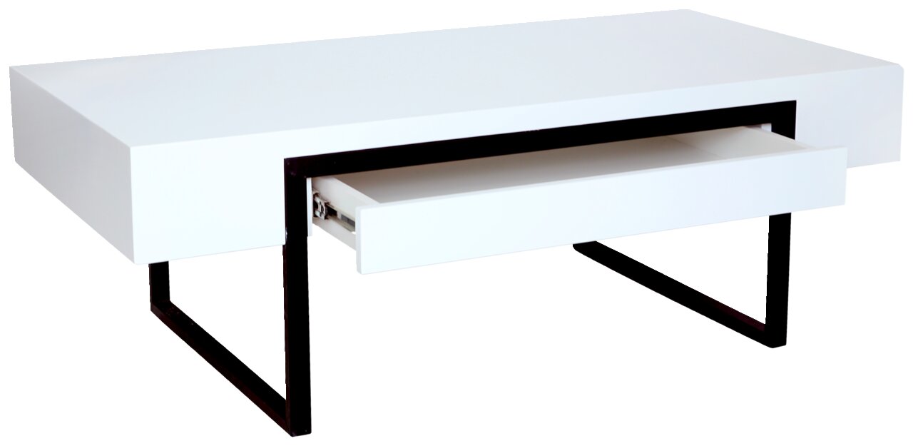 Moderner weißer Couchtisch mit schwarzem Metallgestell und offener Schublade, seitliche Perspektive