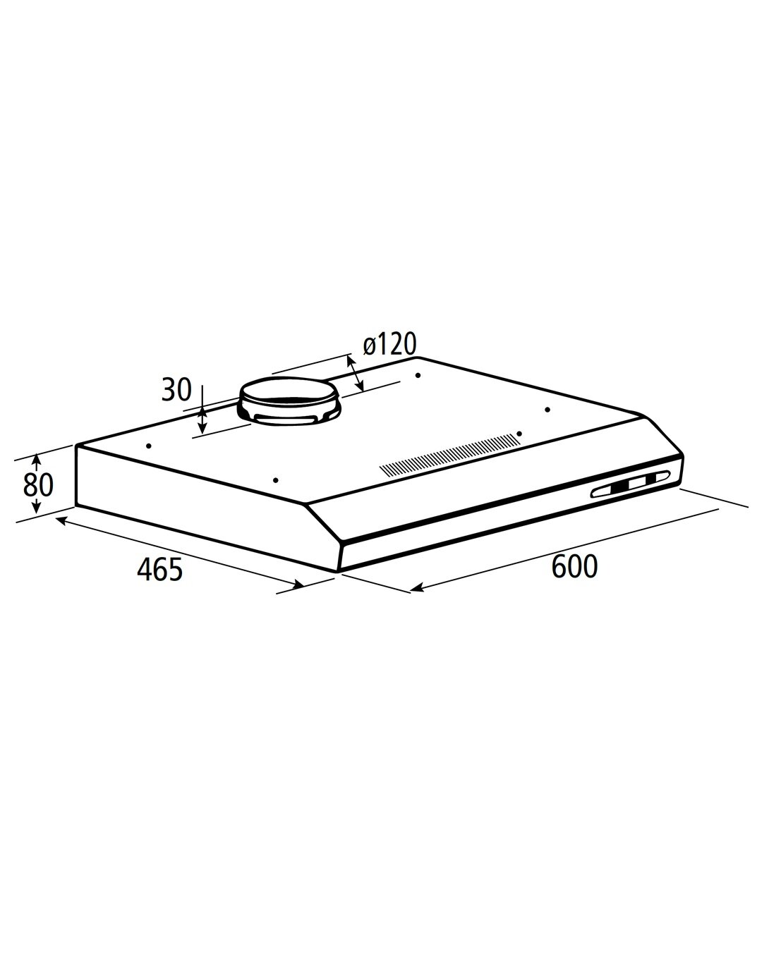 Technische Zeichnung einer flachen Dunstabzugshaube mit rundem Abluftstutzen (Ø120) und Maßen 600 x 465 x 80 mm, perspektivische Ansicht von schräg oben/vorne