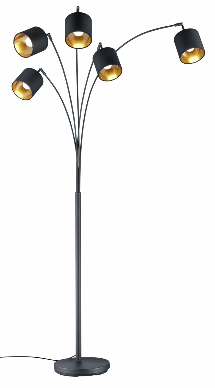 Moderne Stehleuchte TOMMY mit fünf verstellbaren Armen und schwarzen Lampenschirmen, seitliche Perspektive